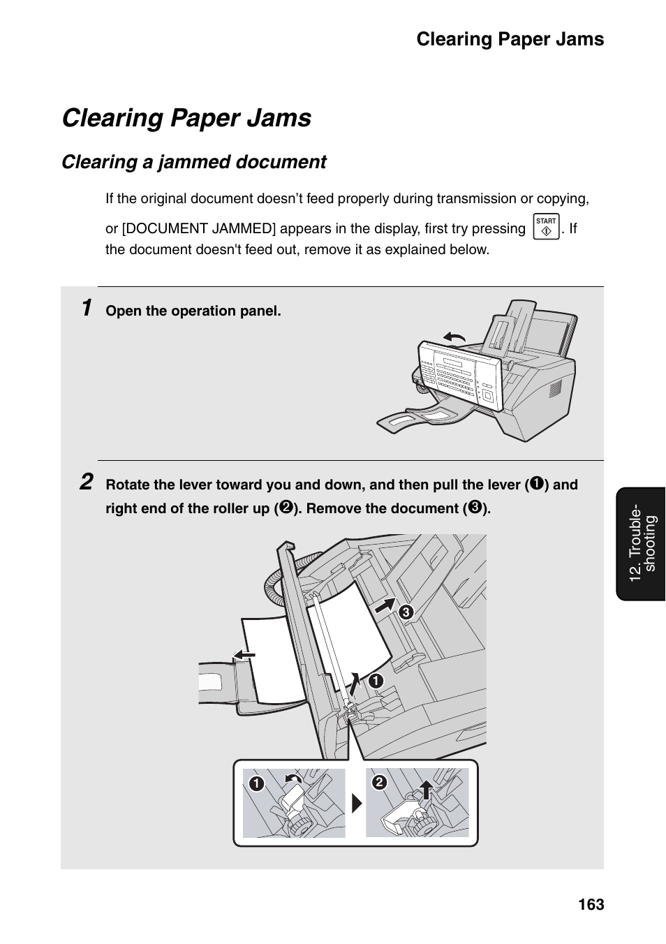 Clearing paper jams, Clearing a jammed document | Sharp FO-IS125N User Manual | Page 165 / 179