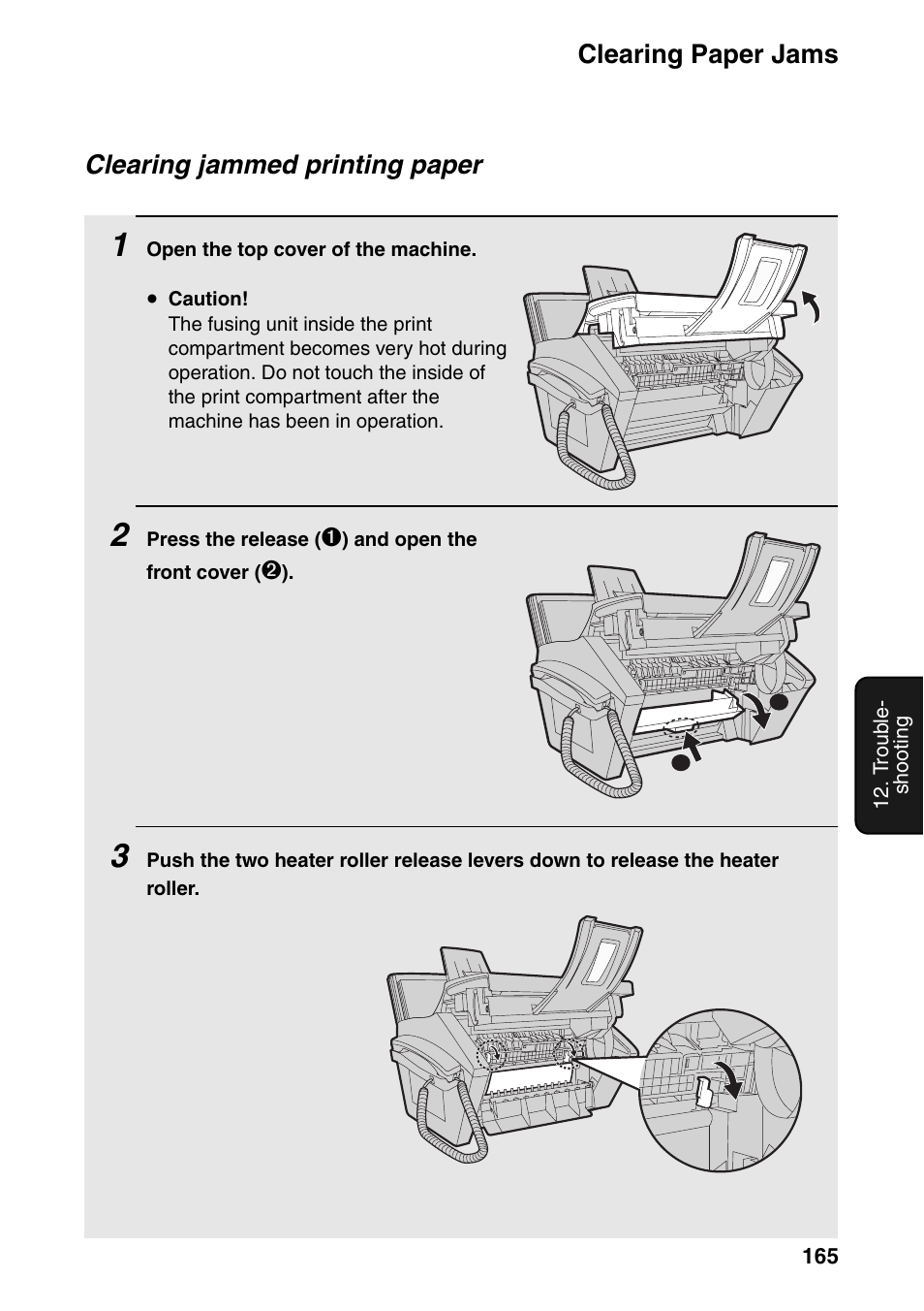 E 165, Clearing paper jams, Clearing jammed printing paper | Sharp FO-IS125N User Manual | Page 167 / 179