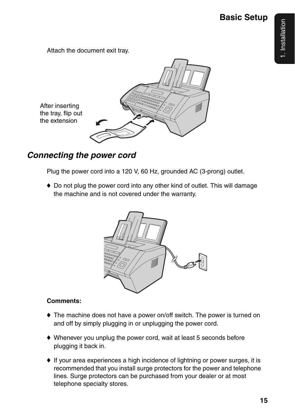 Basic setup, Connecting the power cord | Sharp FO-IS125N User Manual | Page 17 / 179