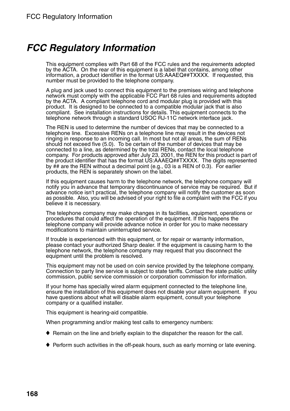 Fcc regulatory information | Sharp FO-IS125N User Manual | Page 170 / 179