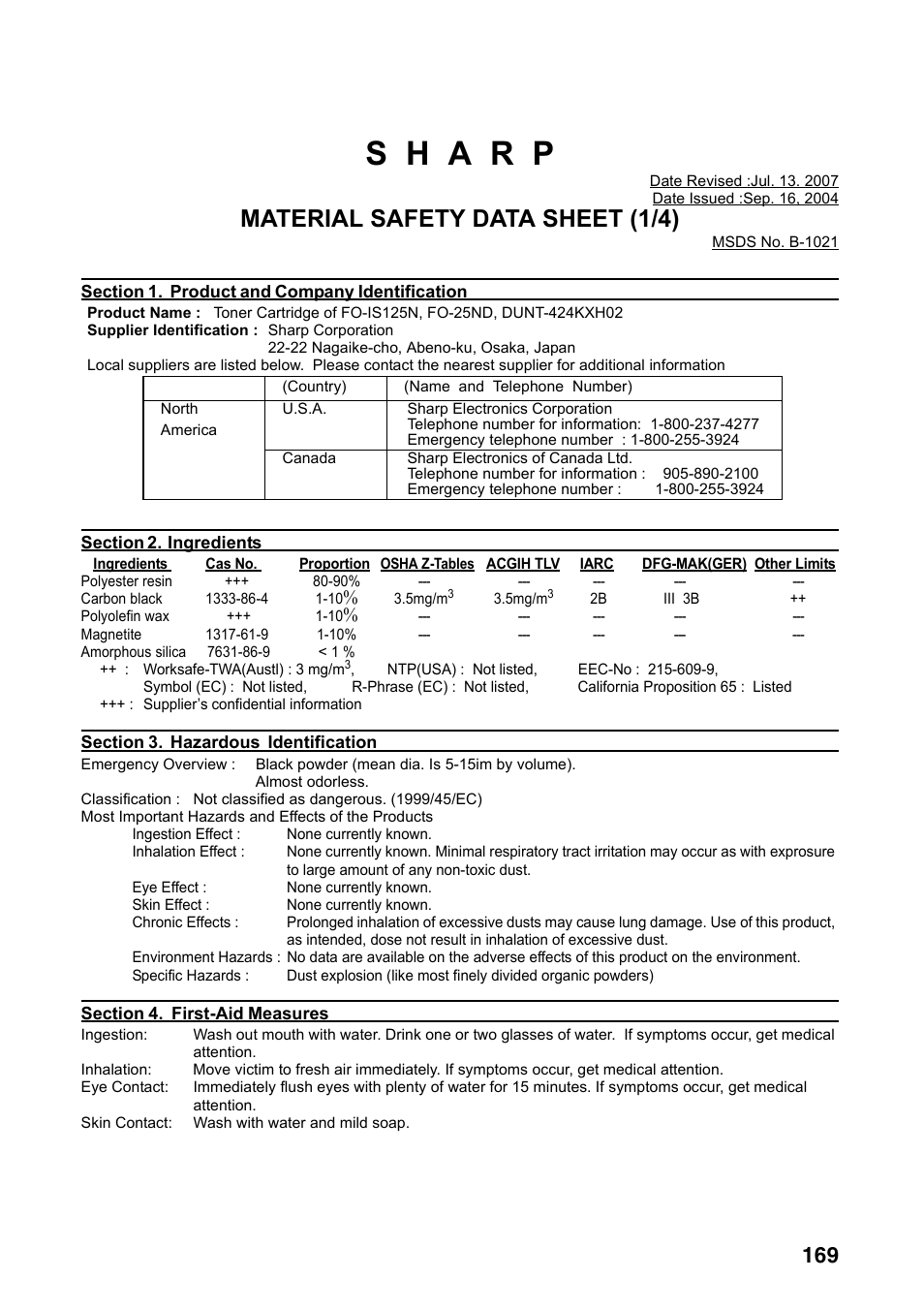 Material safety data sheet (1/4) | Sharp FO-IS125N User Manual | Page 171 / 179