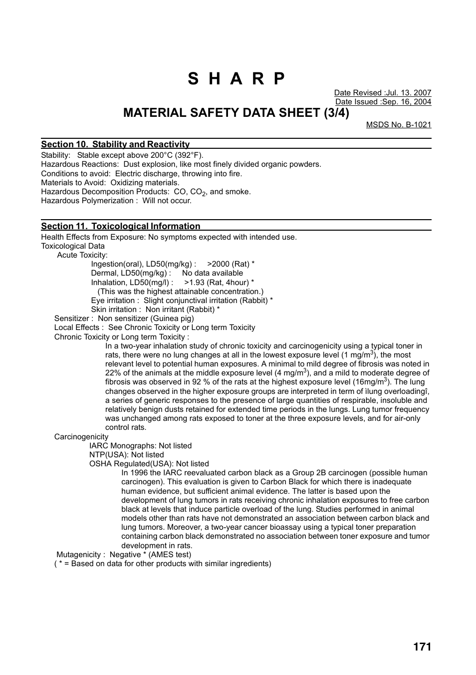 Material safety data sheet (3/4) | Sharp FO-IS125N User Manual | Page 173 / 179