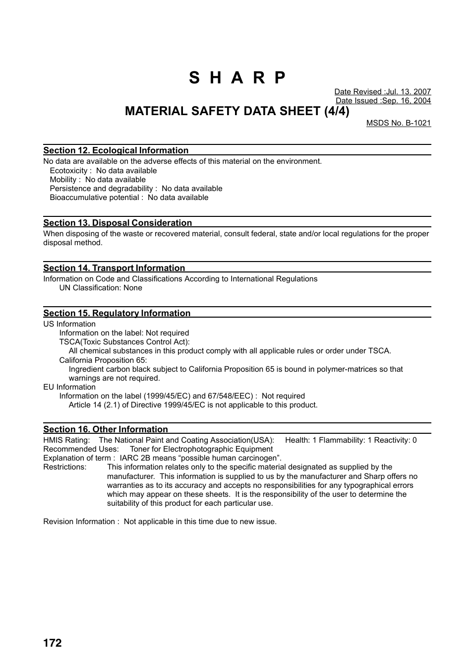 Material safety data sheet (4/4) | Sharp FO-IS125N User Manual | Page 174 / 179