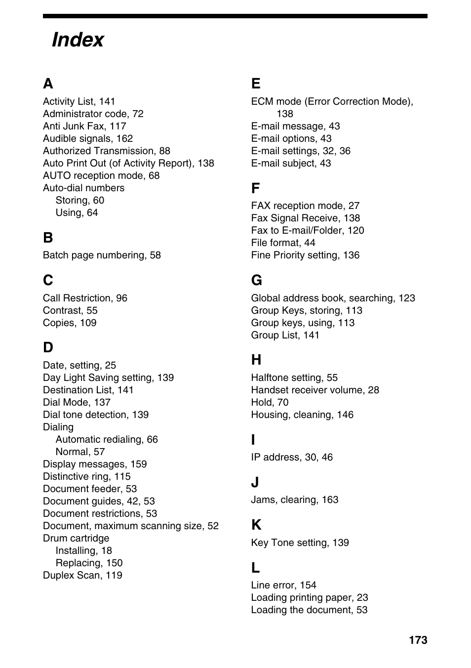 Index | Sharp FO-IS125N User Manual | Page 175 / 179