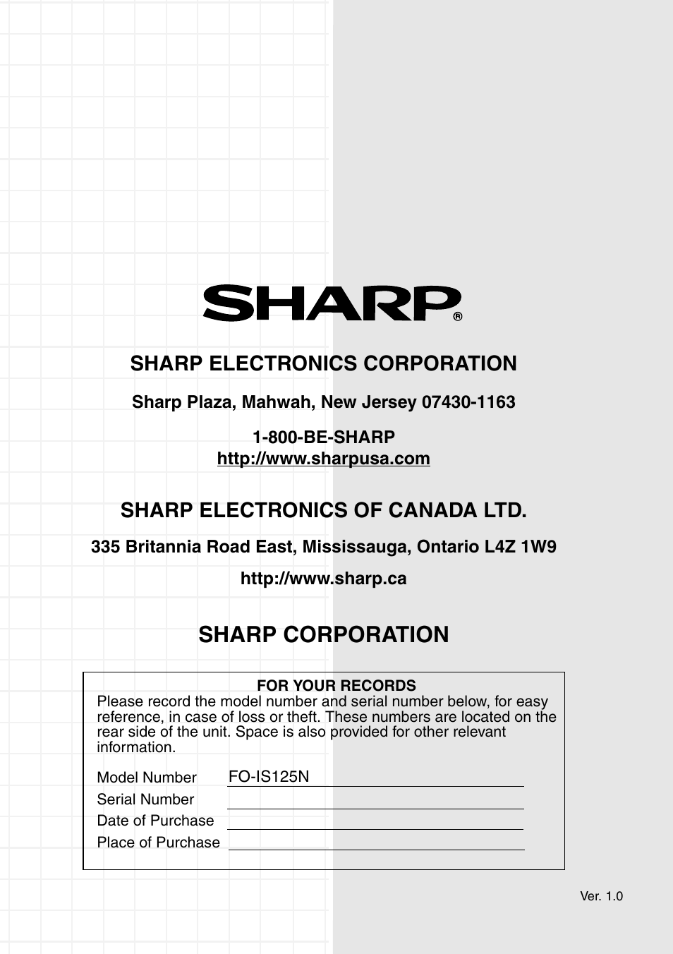 Sharp corporation, Sharp electronics corporation, Sharp electronics of canada ltd | Sharp FO-IS125N User Manual | Page 179 / 179