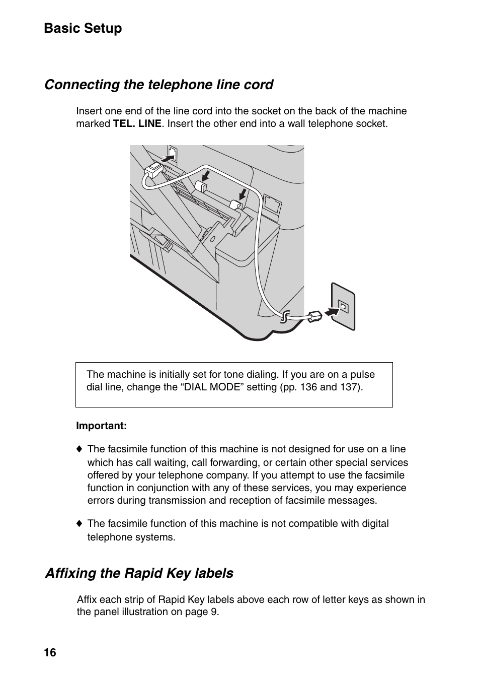 Basic setup, Connecting the telephone line cord, Affixing the rapid key labels | Sharp FO-IS125N User Manual | Page 18 / 179