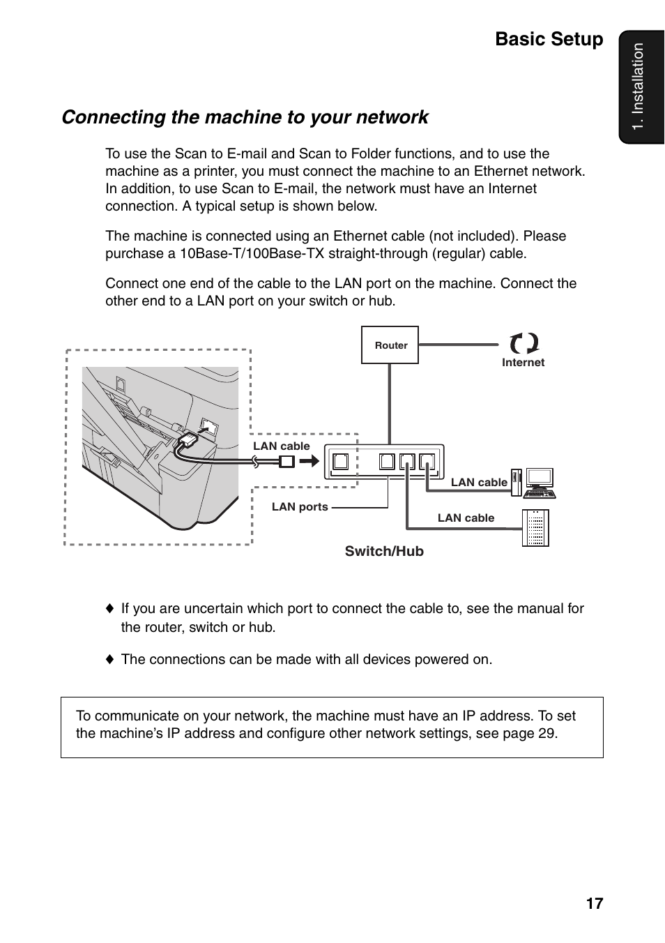 Basic setup, Connecting the machine to your network | Sharp FO-IS125N User Manual | Page 19 / 179