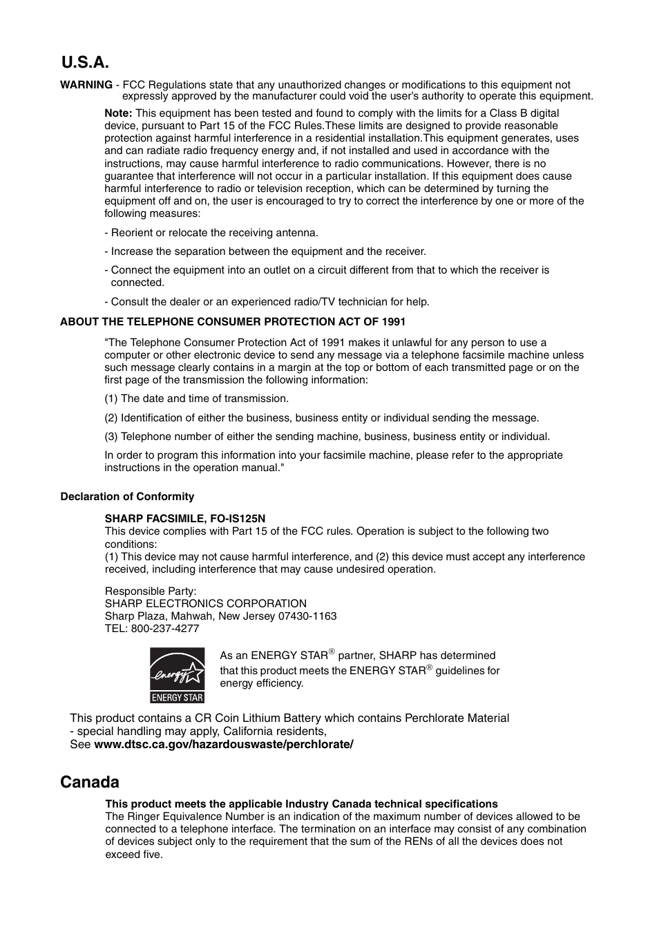 U.s.a. canada | Sharp FO-IS125N User Manual | Page 2 / 179