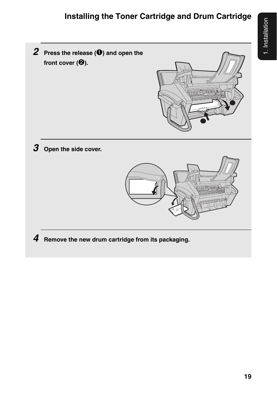 Installing the toner cartridge and drum cartridge | Sharp FO-IS125N User Manual | Page 21 / 179