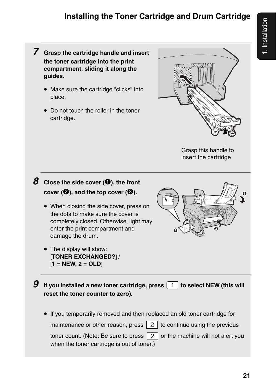 Installing the toner cartridge and drum cartridge | Sharp FO-IS125N User Manual | Page 23 / 179