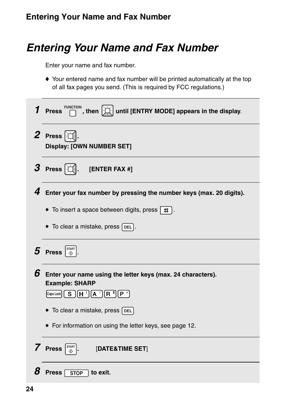 Entering your name and fax number | Sharp FO-IS125N User Manual | Page 26 / 179