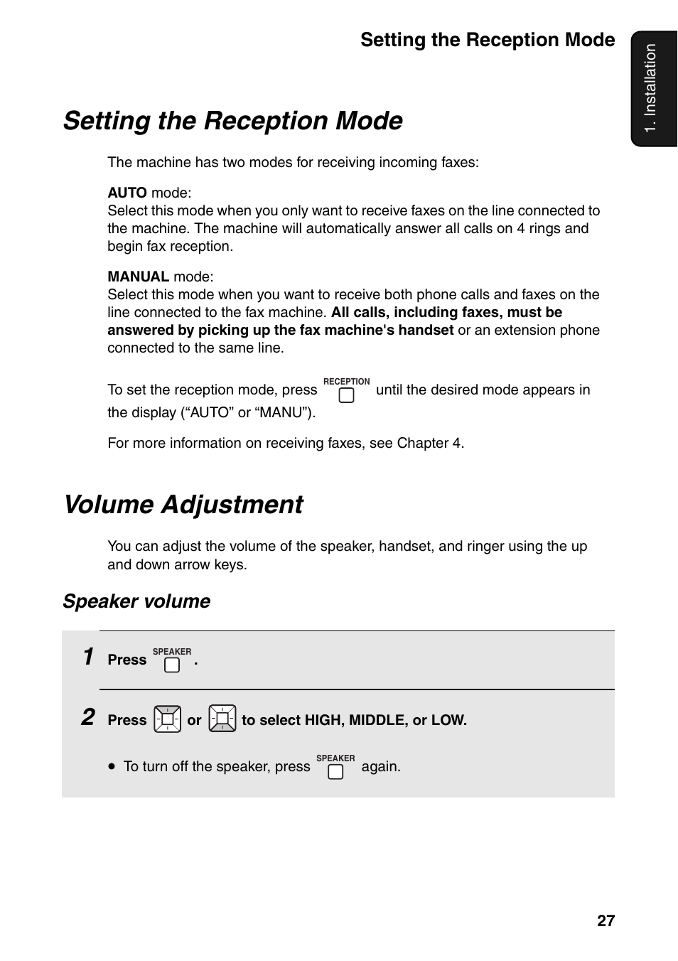 Setting the reception mode, Volume adjustment, Setting the reception mode volume adjustment | Speaker volume | Sharp FO-IS125N User Manual | Page 29 / 179