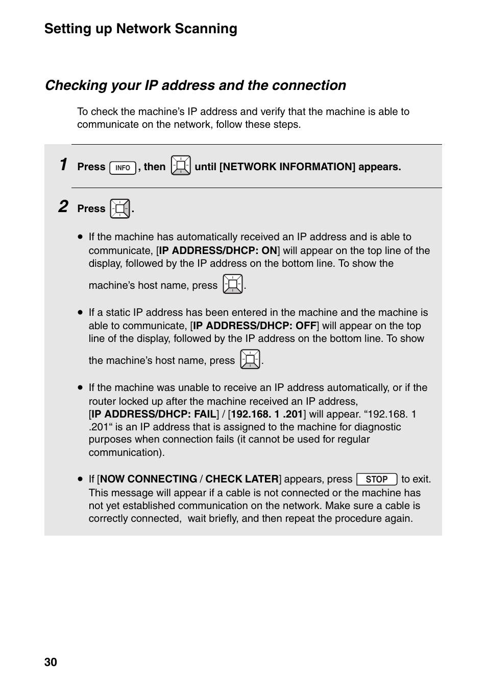 Setting up network scanning, Checking your ip address and the connection | Sharp FO-IS125N User Manual | Page 32 / 179