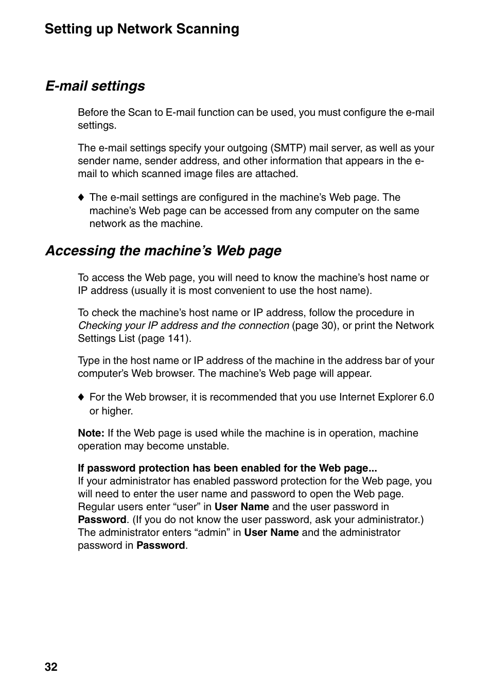 Setting up network scanning, E-mail settings, Accessing the machine’s web page | Sharp FO-IS125N User Manual | Page 34 / 179