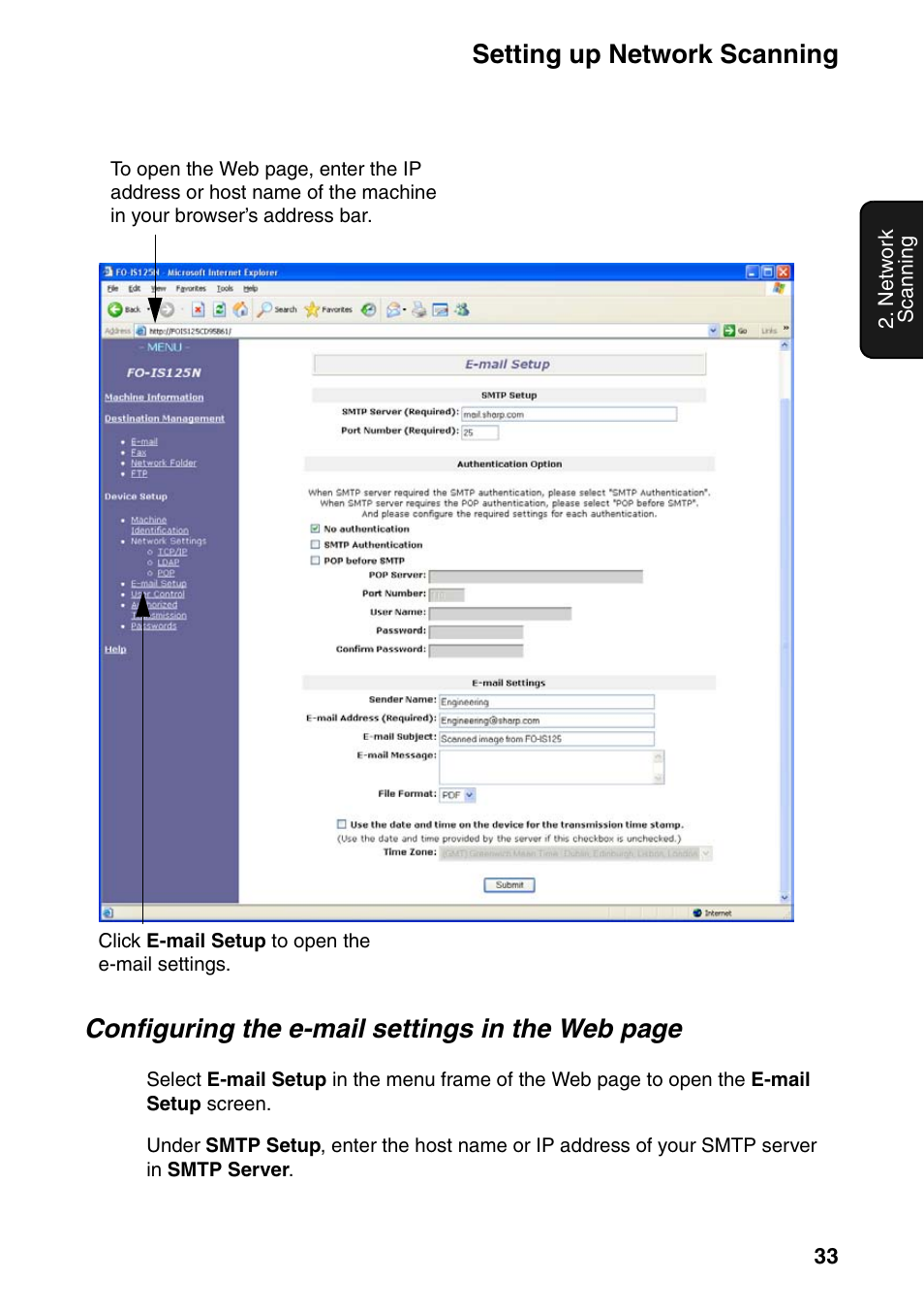 Setting up network scanning, Configuring the e-mail settings in the web page | Sharp FO-IS125N User Manual | Page 35 / 179