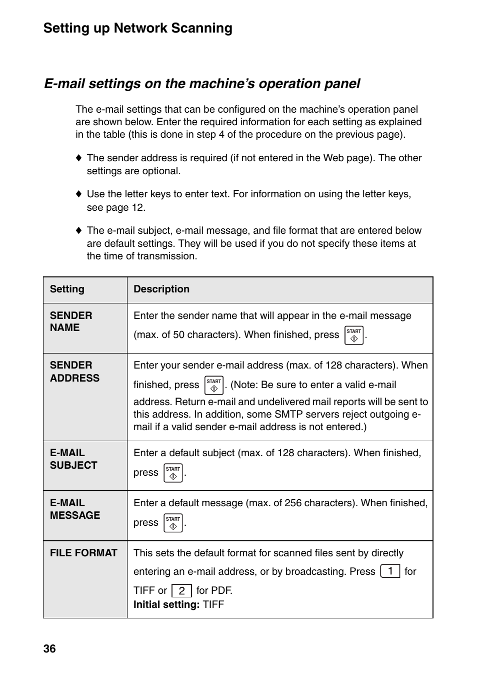 Setting up network scanning, E-mail settings on the machine’s operation panel | Sharp FO-IS125N User Manual | Page 38 / 179