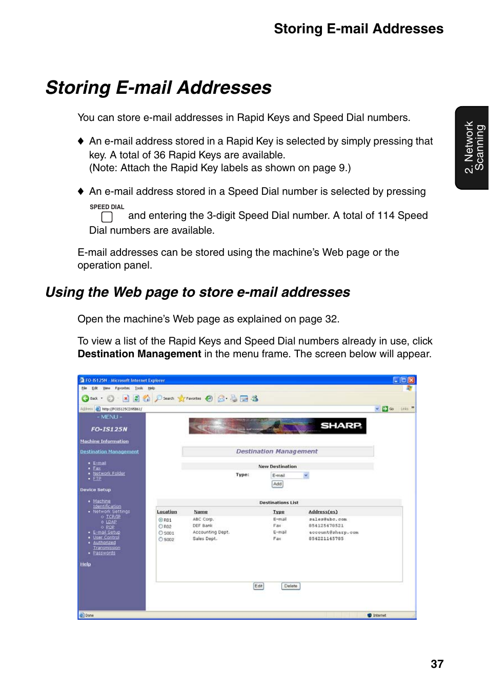 Storing e-mail addresses, Using the web page to store e-mail addresses | Sharp FO-IS125N User Manual | Page 39 / 179