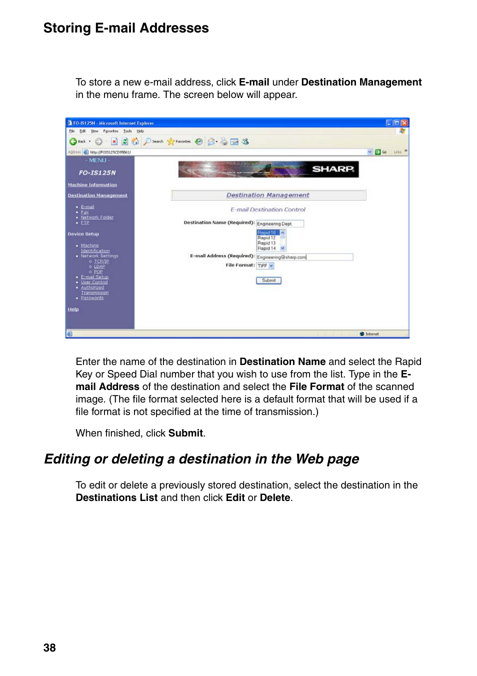 Storing e-mail addresses, Editing or deleting a destination in the web page | Sharp FO-IS125N User Manual | Page 40 / 179