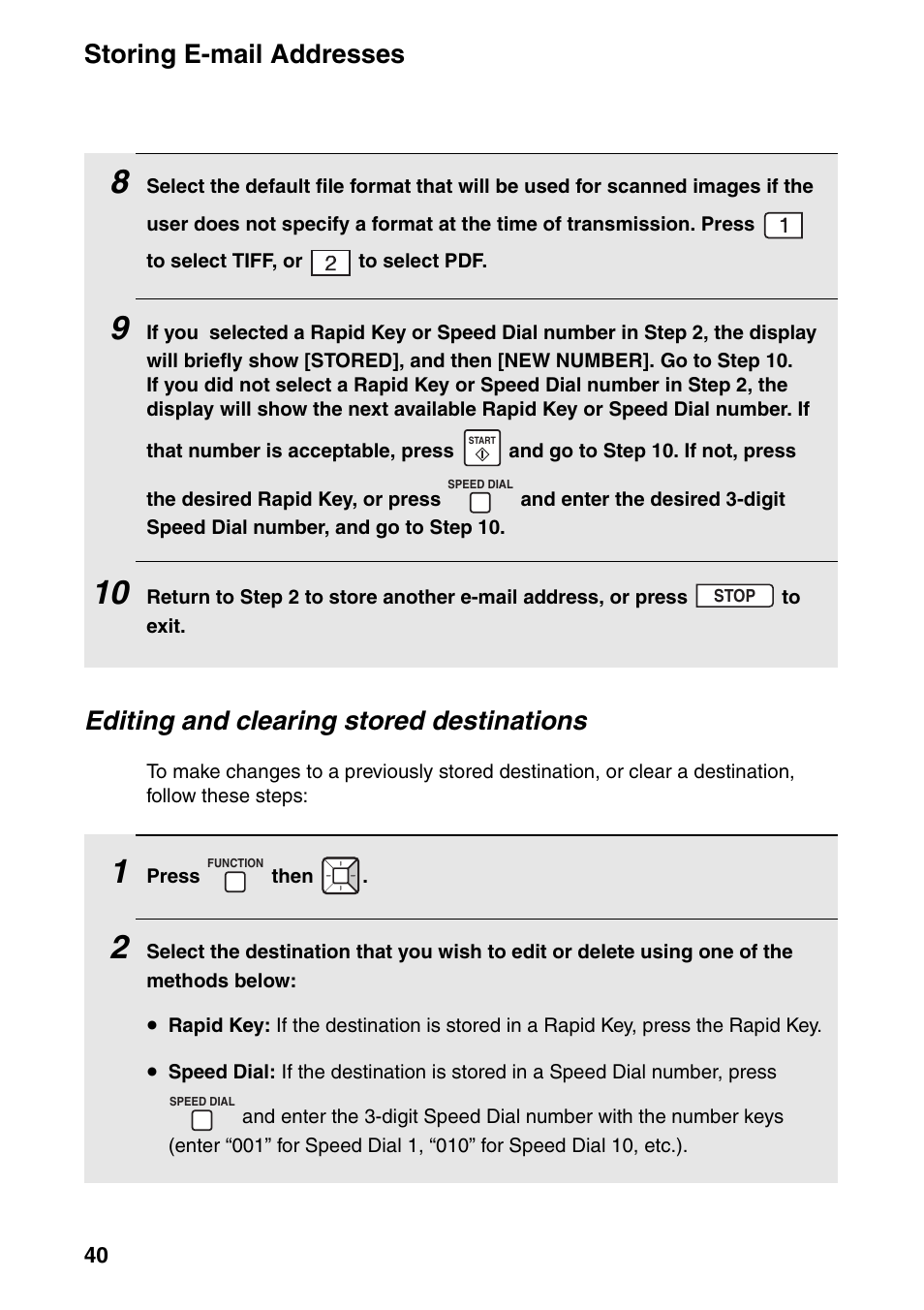 Storing e-mail addresses, Editing and clearing stored destinations | Sharp FO-IS125N User Manual | Page 42 / 179