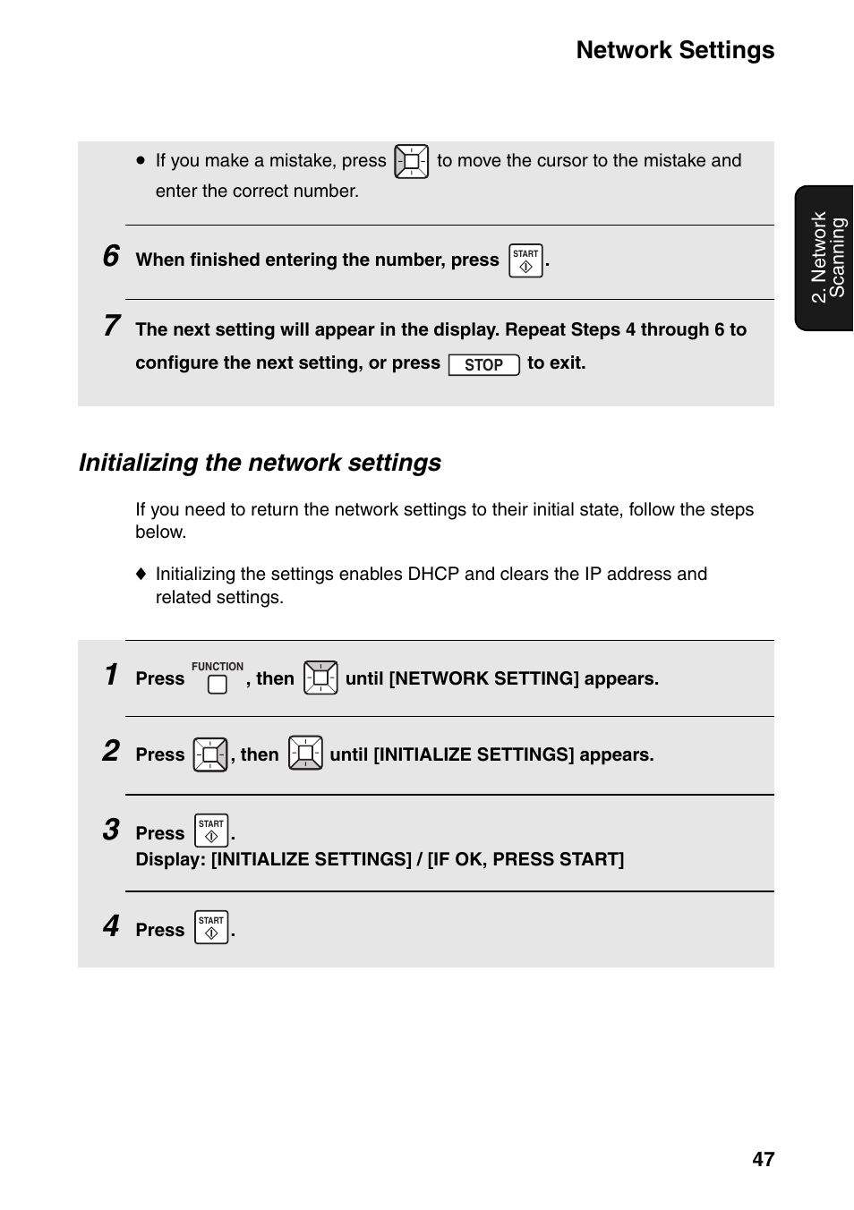 Network settings, Initializing the network settings | Sharp FO-IS125N User Manual | Page 49 / 179