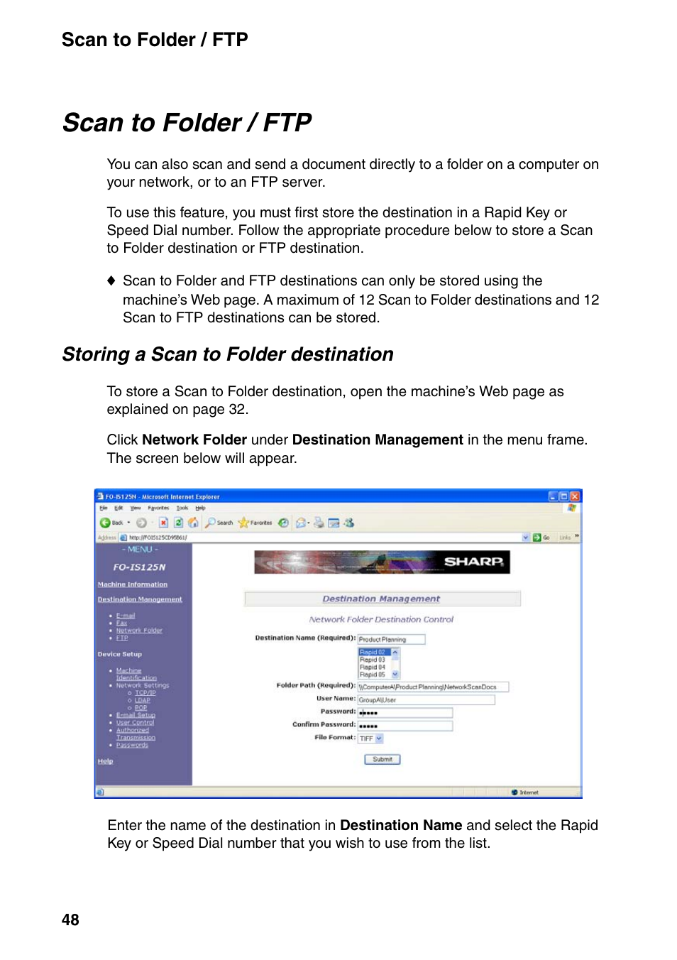 Scan to folder / ftp, Storing a scan to folder destination | Sharp FO-IS125N User Manual | Page 50 / 179