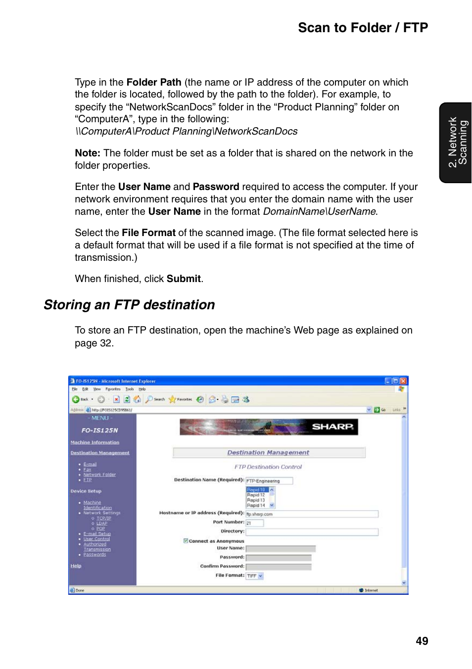 Scan to folder / ftp, Storing an ftp destination | Sharp FO-IS125N User Manual | Page 51 / 179