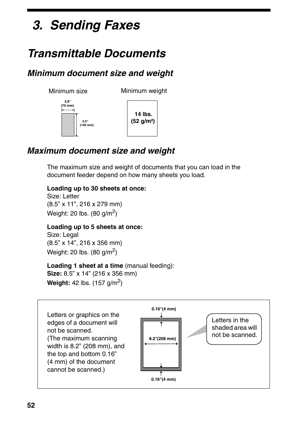 Sending faxes, Transmittable documents, Minimum document size and weight | Maximum document size and weight | Sharp FO-IS125N User Manual | Page 54 / 179