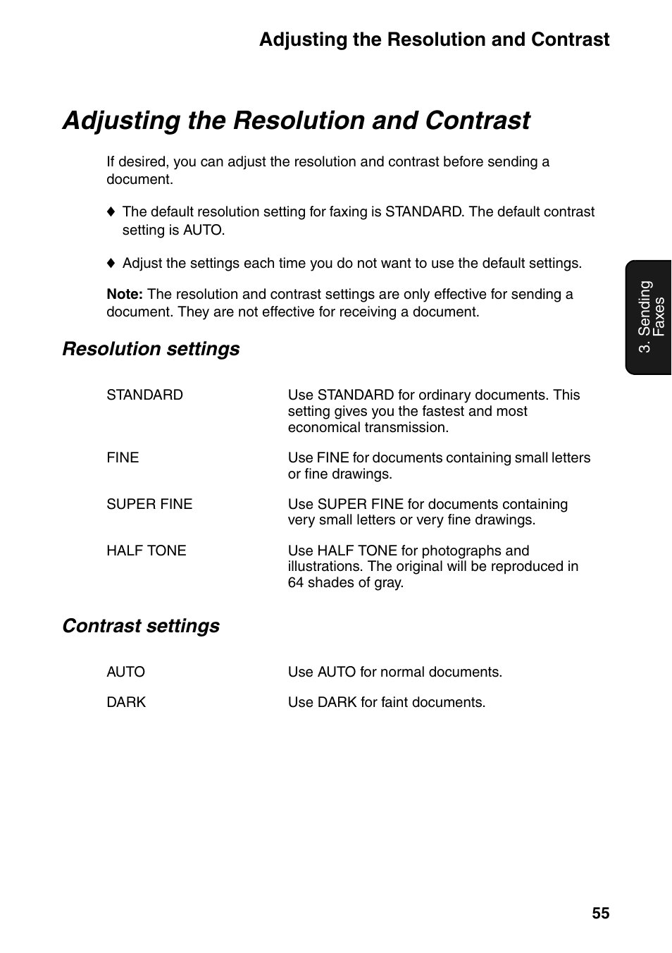 Adjusting the resolution and contrast, Resolution settings contrast settings | Sharp FO-IS125N User Manual | Page 57 / 179