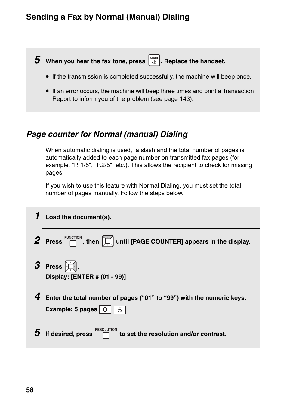 Sending a fax by normal (manual) dialing, Page counter for normal (manual) dialing | Sharp FO-IS125N User Manual | Page 60 / 179