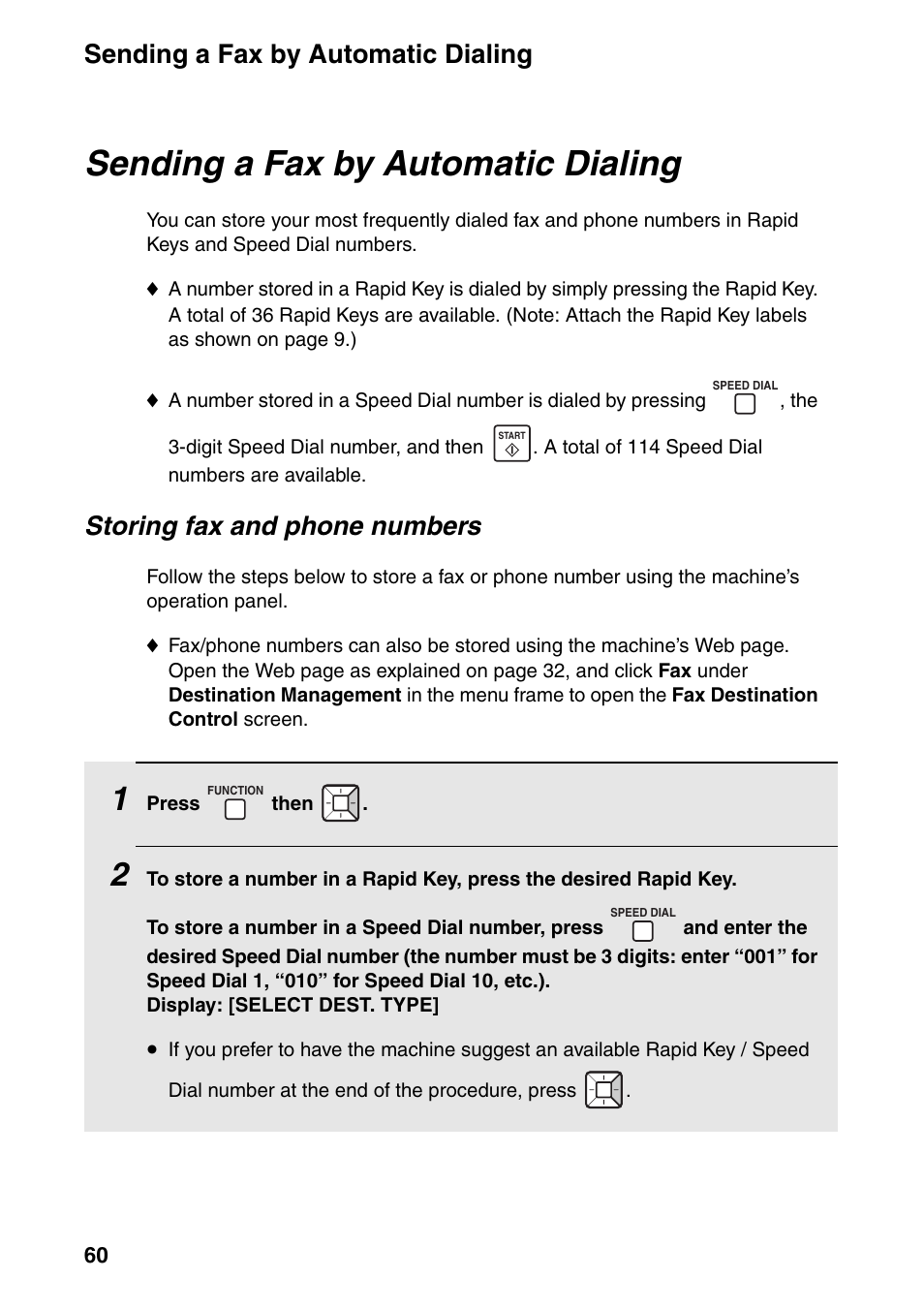 Sending a fax by automatic dialing, Storing fax and phone numbers | Sharp FO-IS125N User Manual | Page 62 / 179