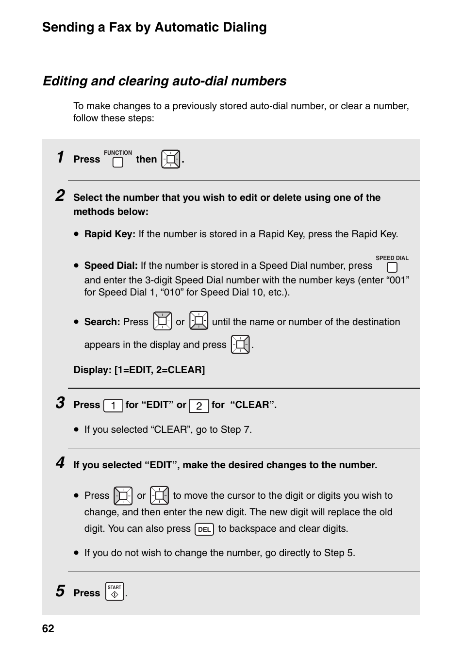 Sending a fax by automatic dialing, Editing and clearing auto-dial numbers | Sharp FO-IS125N User Manual | Page 64 / 179