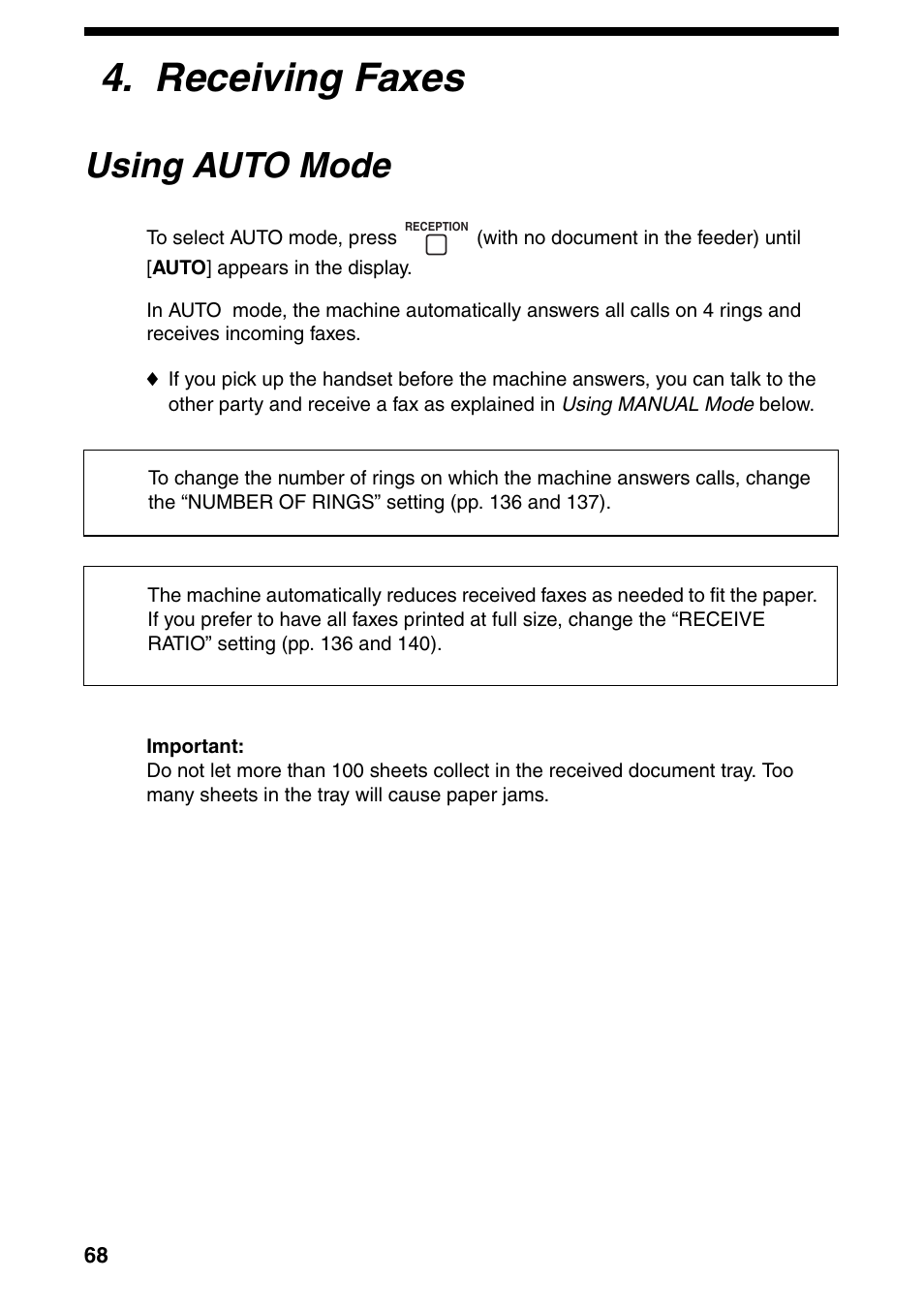 Receiving faxes, Using auto mode | Sharp FO-IS125N User Manual | Page 70 / 179