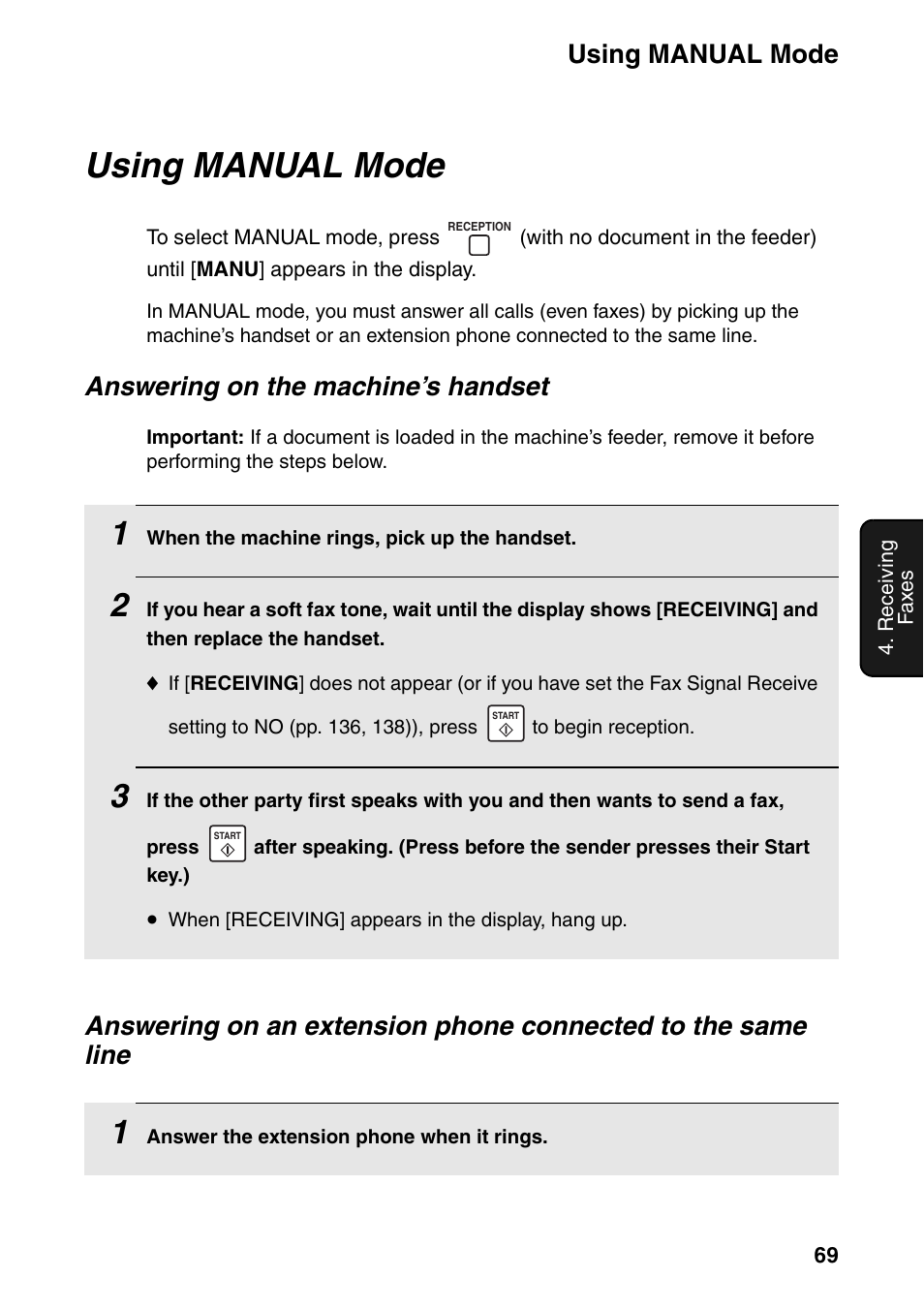 Using manual mode, Answering on the machine’s handset | Sharp FO-IS125N User Manual | Page 71 / 179