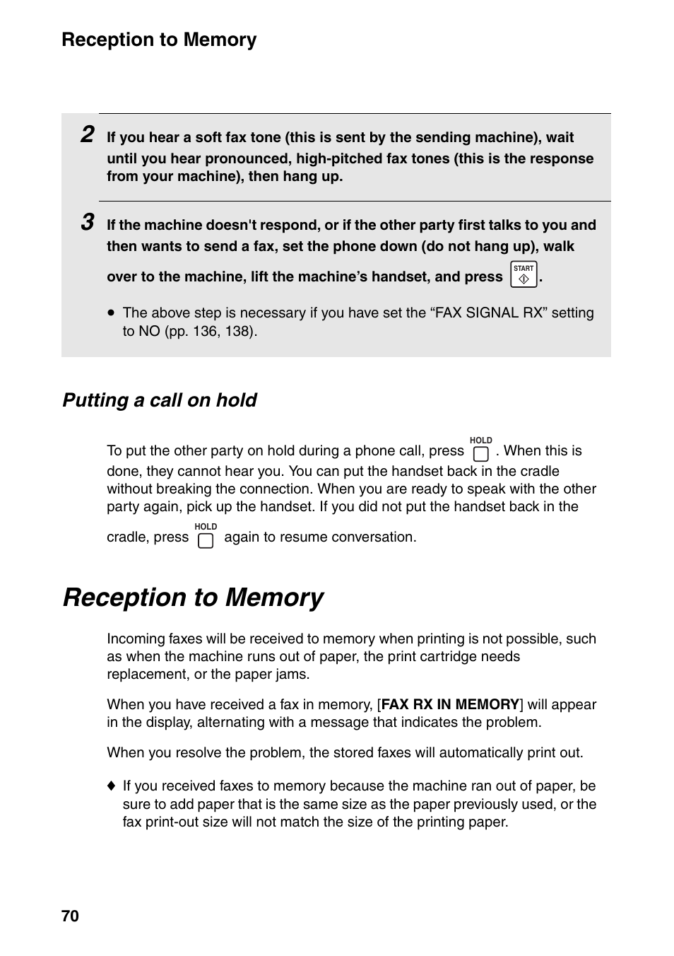 Reception to memory, Putting a call on hold | Sharp FO-IS125N User Manual | Page 72 / 179