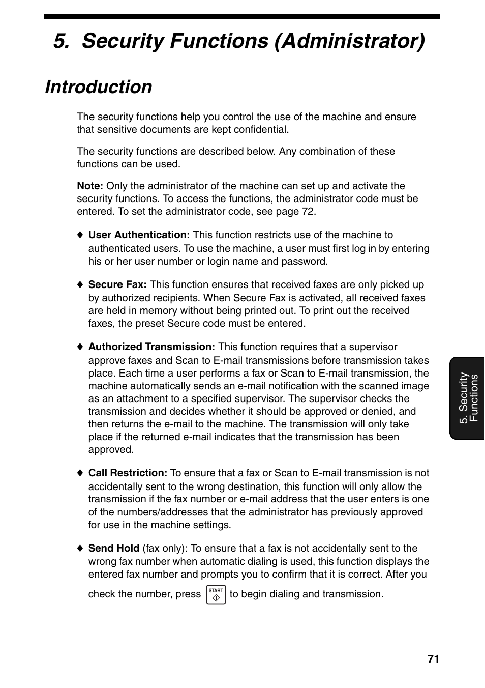 Security functions (administrator), Introduction | Sharp FO-IS125N User Manual | Page 73 / 179