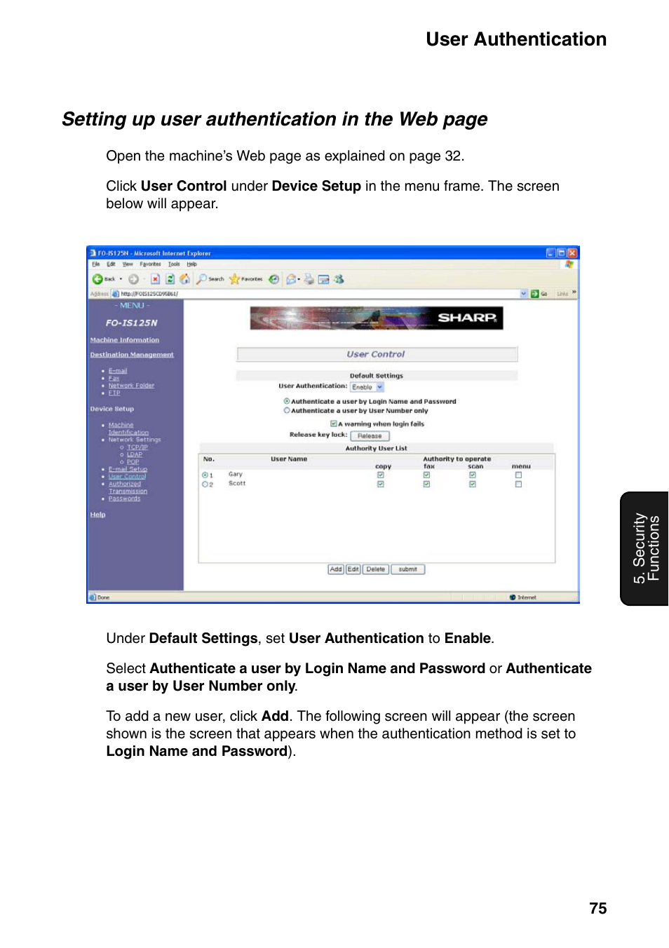 User authentication, Setting up user authentication in the web page | Sharp FO-IS125N User Manual | Page 77 / 179