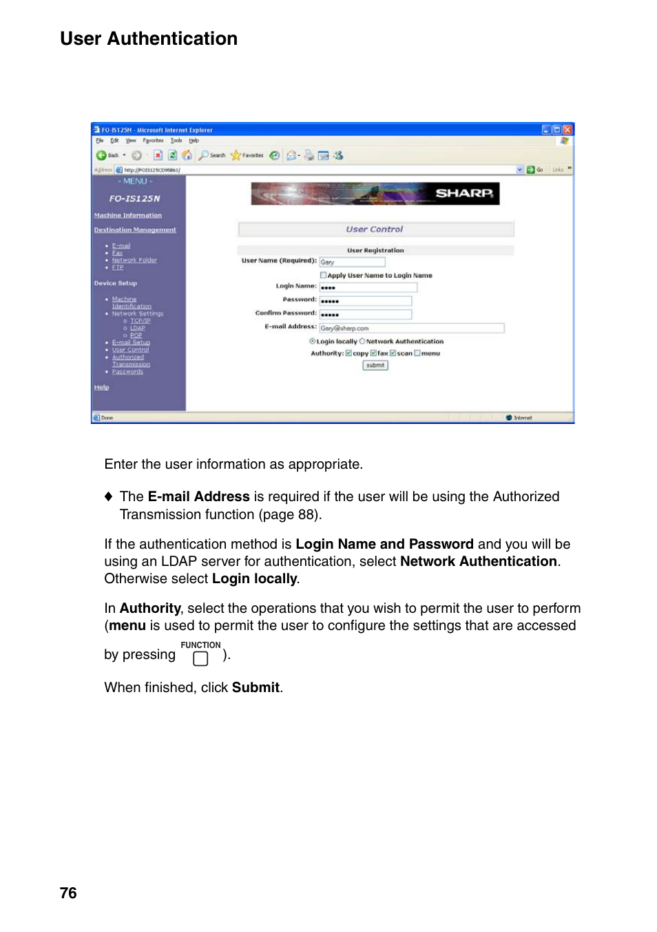 User authentication | Sharp FO-IS125N User Manual | Page 78 / 179