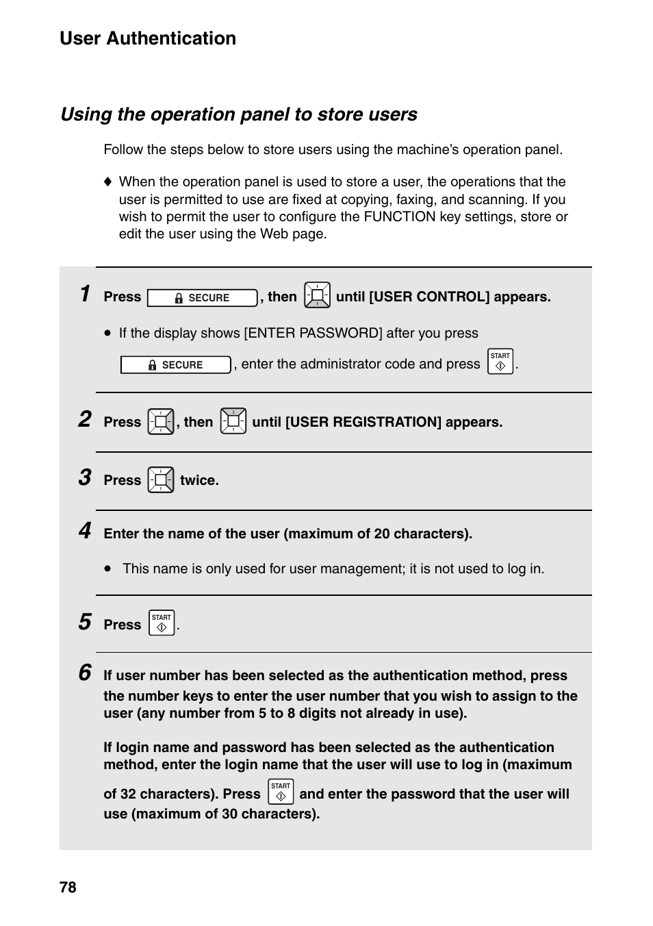 User authentication, Using the operation panel to store users | Sharp FO-IS125N User Manual | Page 80 / 179