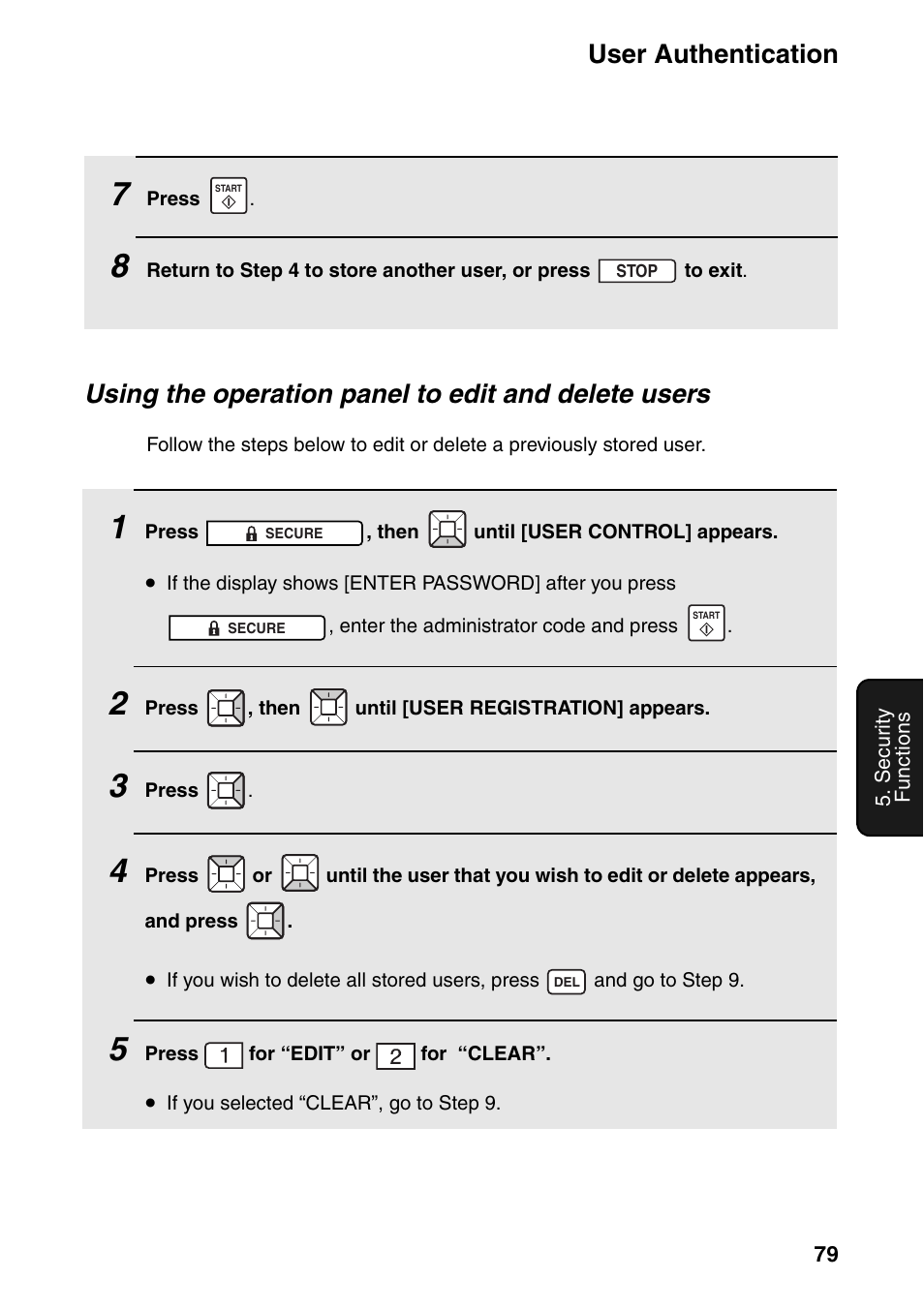 User authentication, Using the operation panel to edit and delete users | Sharp FO-IS125N User Manual | Page 81 / 179