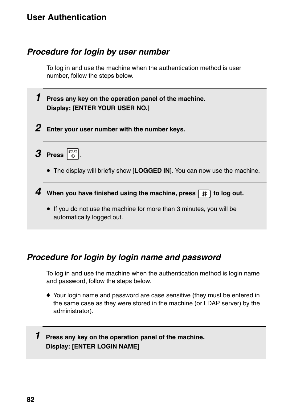 User authentication, Procedure for login by user number, Procedure for login by login name and password | Sharp FO-IS125N User Manual | Page 84 / 179