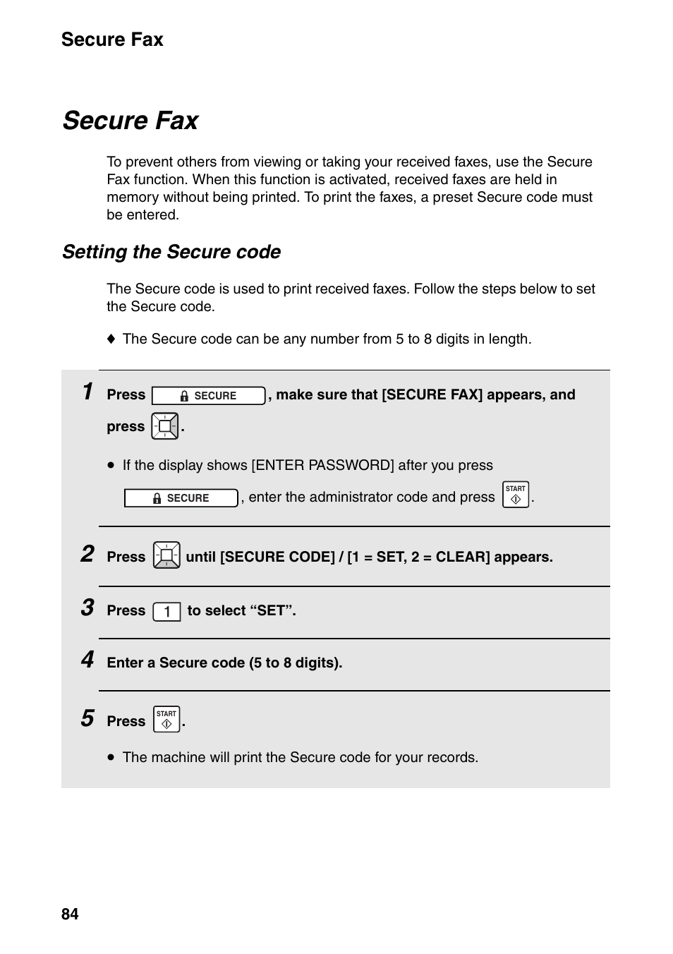 Secure fax, Setting the secure code | Sharp FO-IS125N User Manual | Page 86 / 179