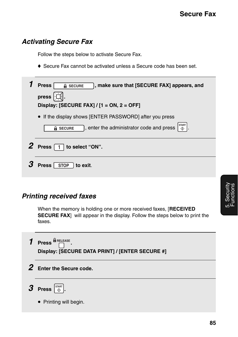 Secure fax, Activating secure fax, Printing received faxes | Sharp FO-IS125N User Manual | Page 87 / 179