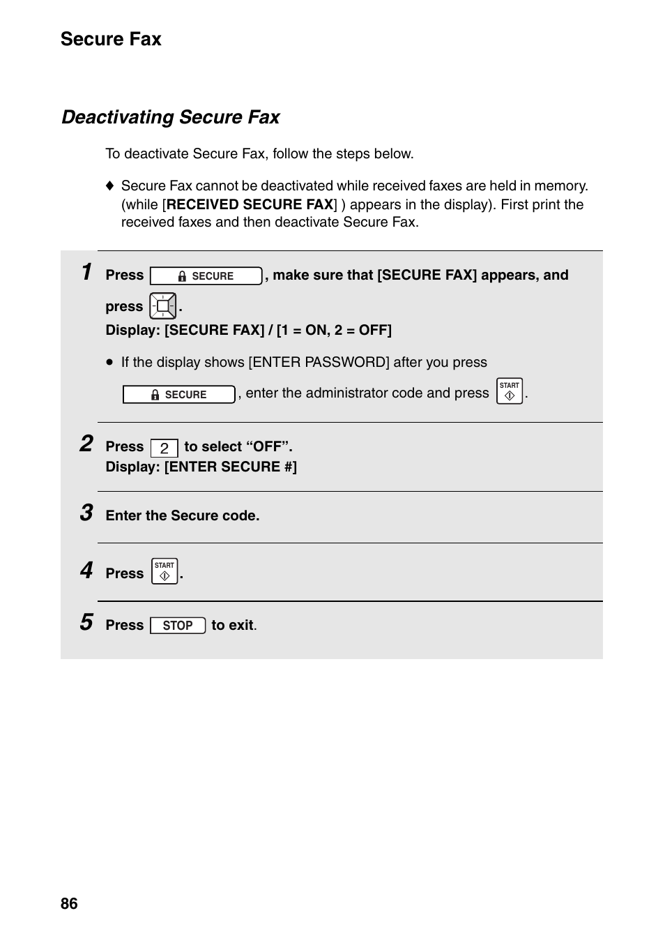 Secure fax, Deactivating secure fax | Sharp FO-IS125N User Manual | Page 88 / 179