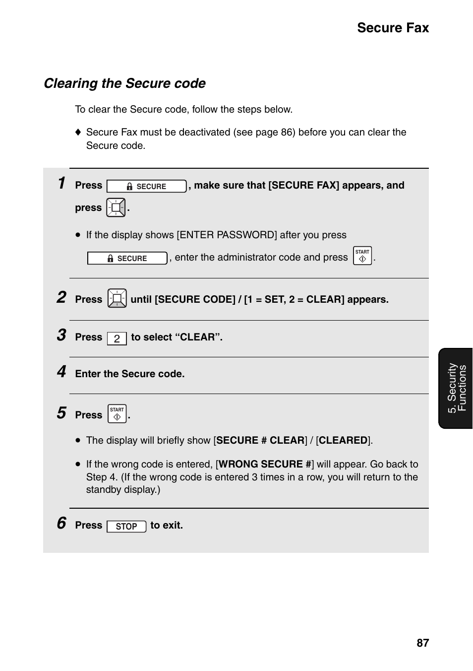 Secure fax, Clearing the secure code | Sharp FO-IS125N User Manual | Page 89 / 179