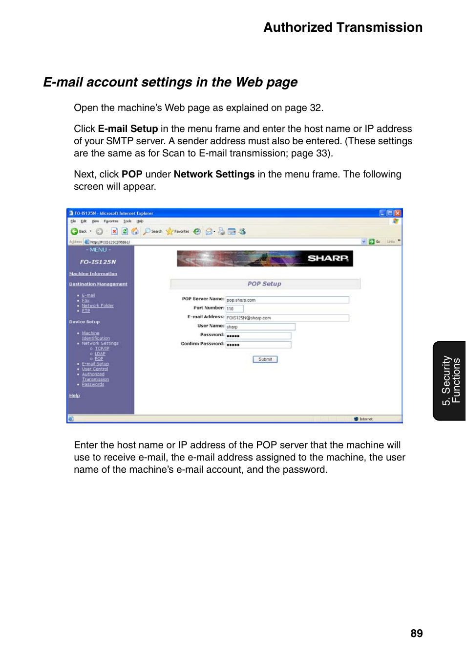 Authorized transmission, E-mail account settings in the web page | Sharp FO-IS125N User Manual | Page 91 / 179