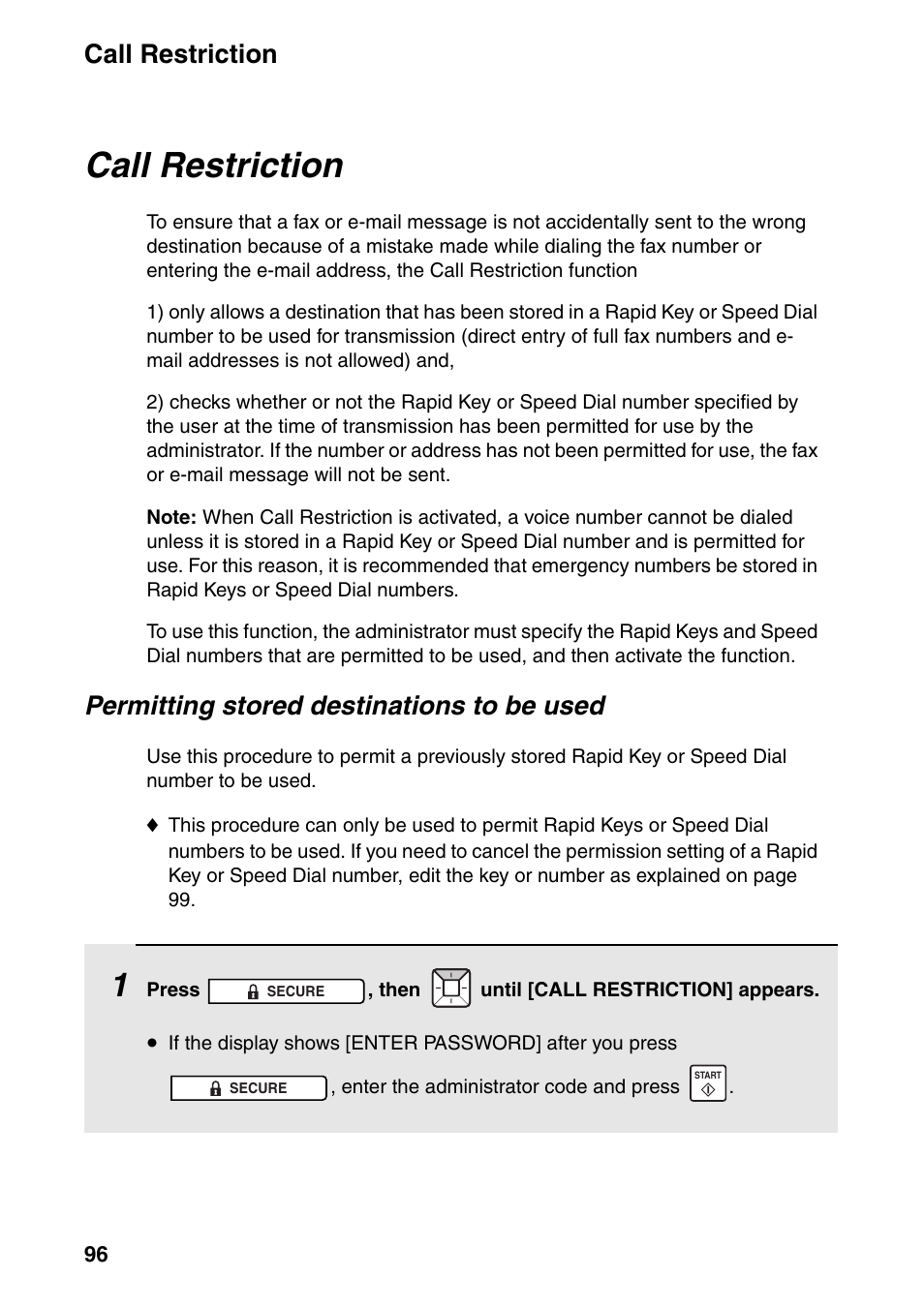 Call restriction, Permitting stored destinations to be used | Sharp FO-IS125N User Manual | Page 98 / 179