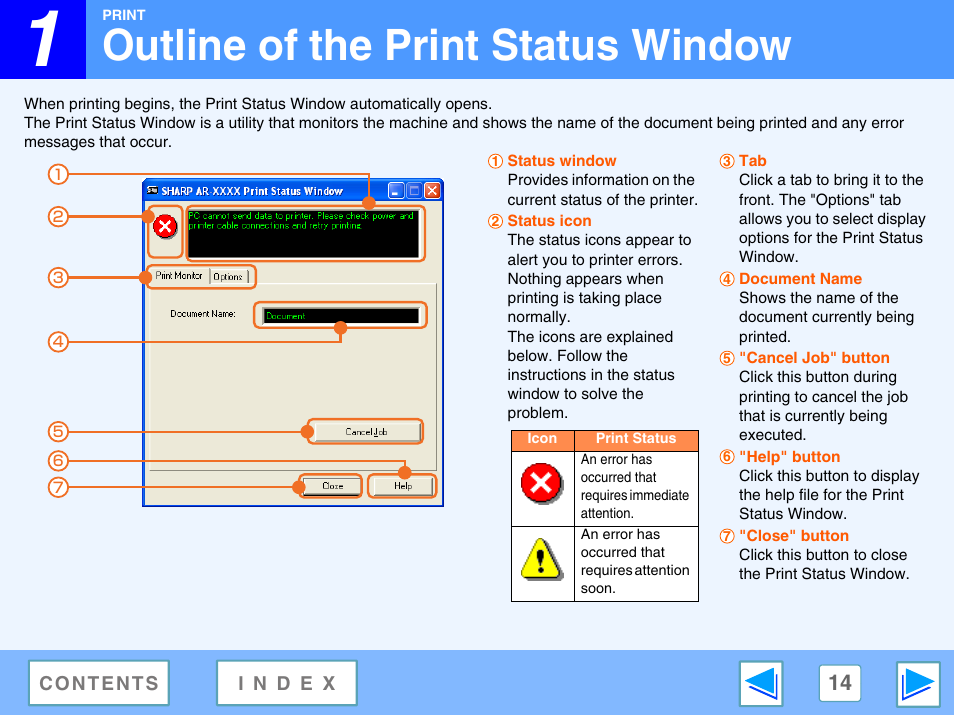 Outline of the print status window | Sharp AR-M160 User Manual | Page 14 / 33