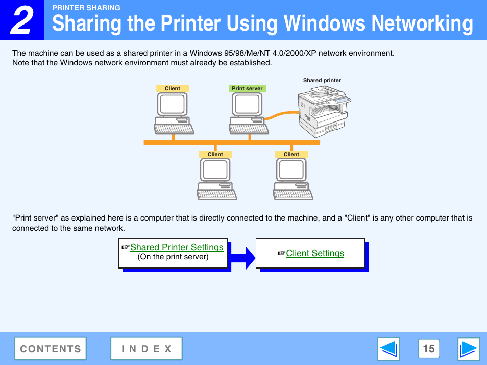 Sharing the printer using windows networking, 2 printer sharing | Sharp AR-M160 User Manual | Page 15 / 33