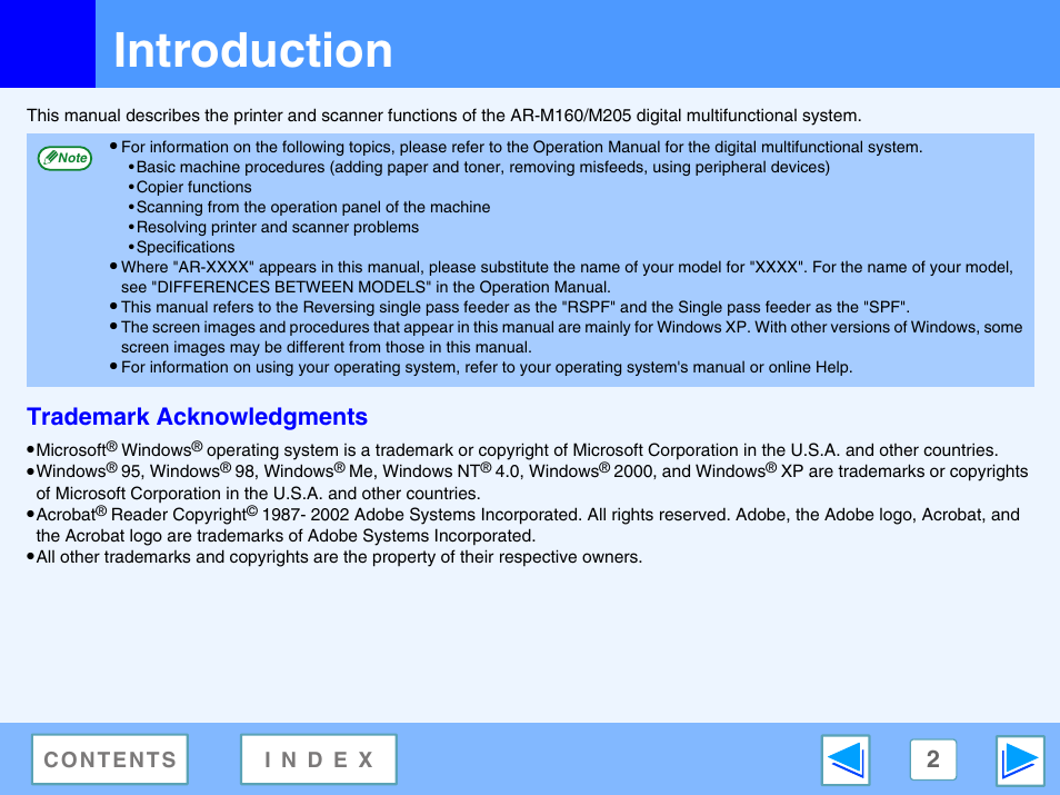 Introduction, Trademark acknowledgments | Sharp AR-M160 User Manual | Page 2 / 33