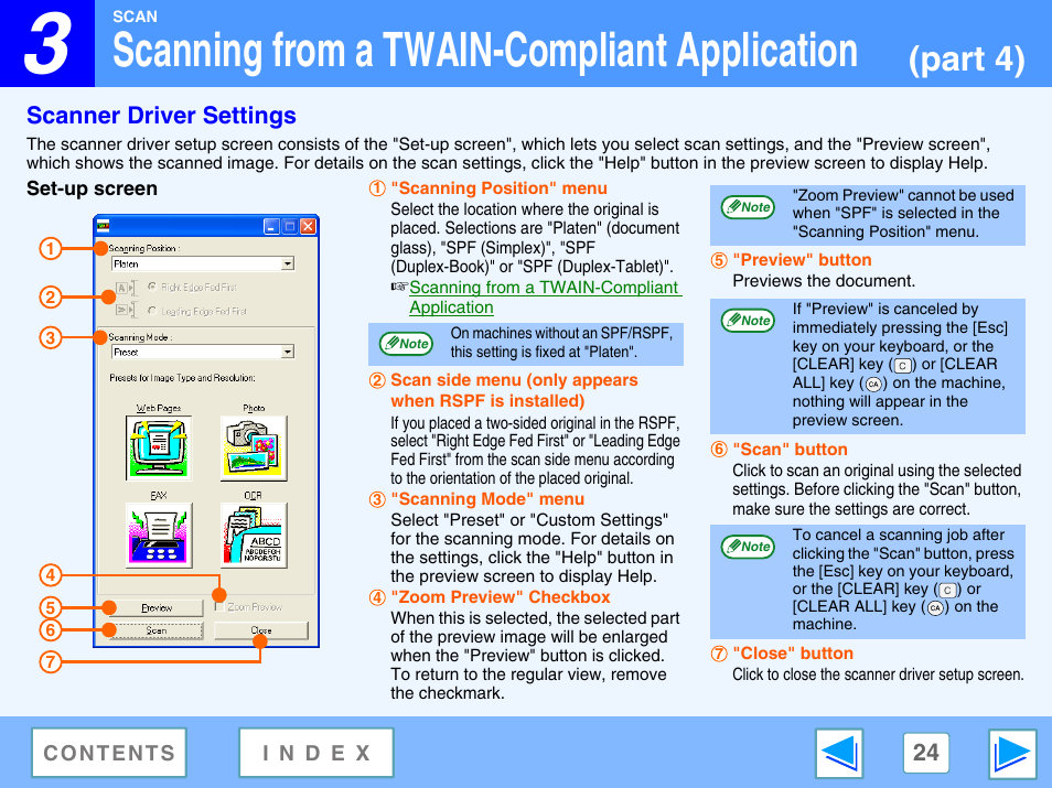 Scanner driver settings, Set-up screen, Scanning from a twain-compliant application | Part 4) | Sharp AR-M160 User Manual | Page 24 / 33